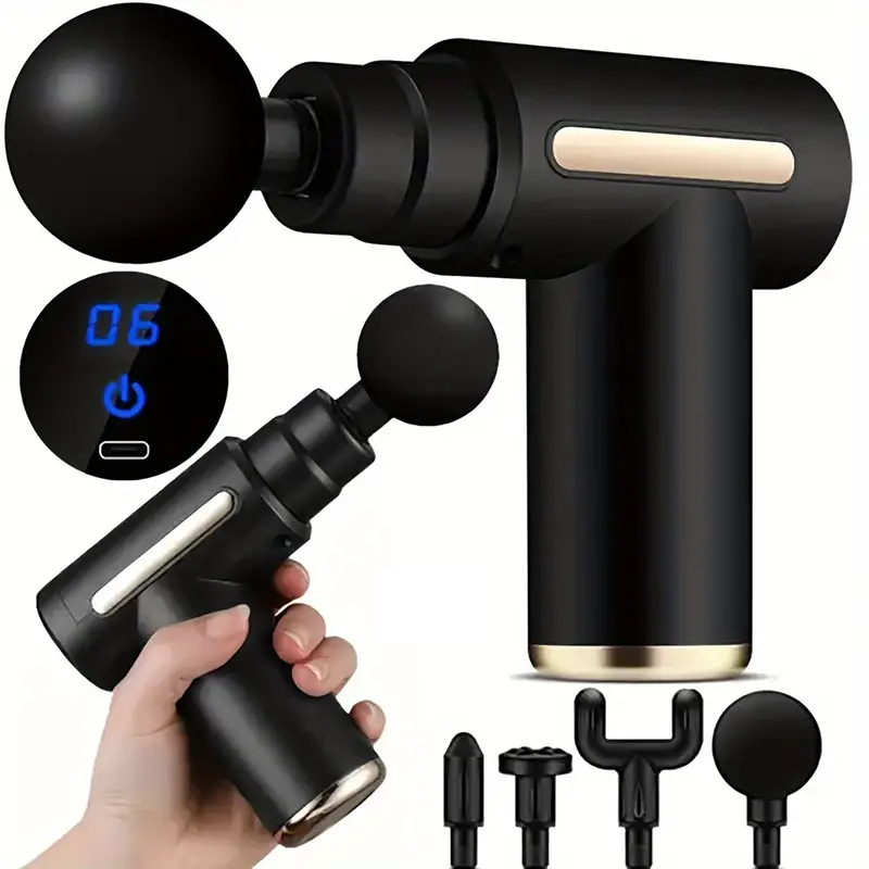 Massage Gun Deep Tissue - ปืนนวดแบบพกพาสีดำ, เครื่องนวดกล้ามเนื้อแบบกระแทกเนื้อเยื่อลึก, พร้อมหัวนวดแบบเปลี่ยนได้ 4 แบบ -